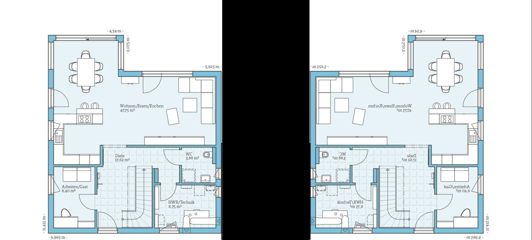 Zwei spiegelbildliche Grundrisspläne eines Hauses mit Wohnen/Essen/Kochen, Diele, WC und HWR.