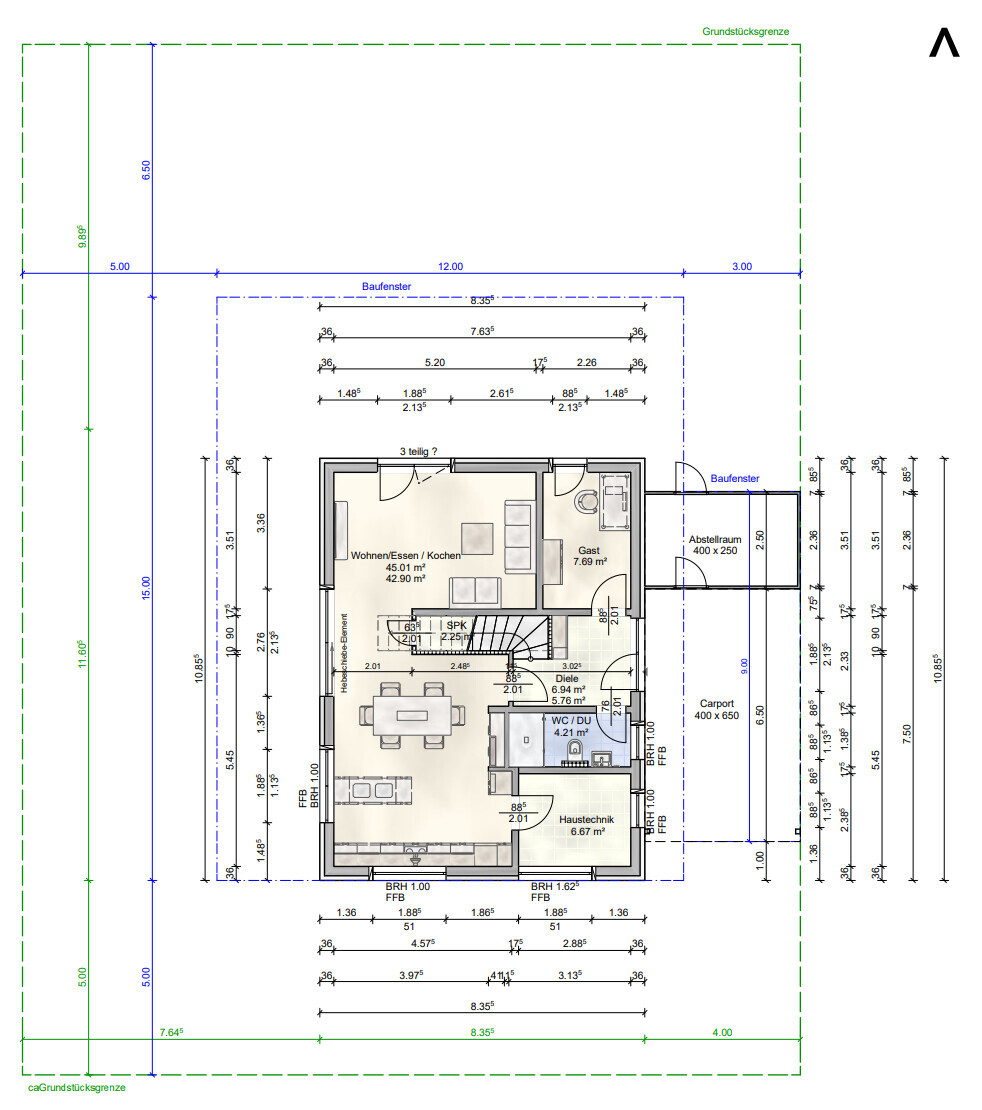 Grundriss eines Hauses mit Wohn- und Essbereich, Küche, Gast, Abstellraum, Carport.