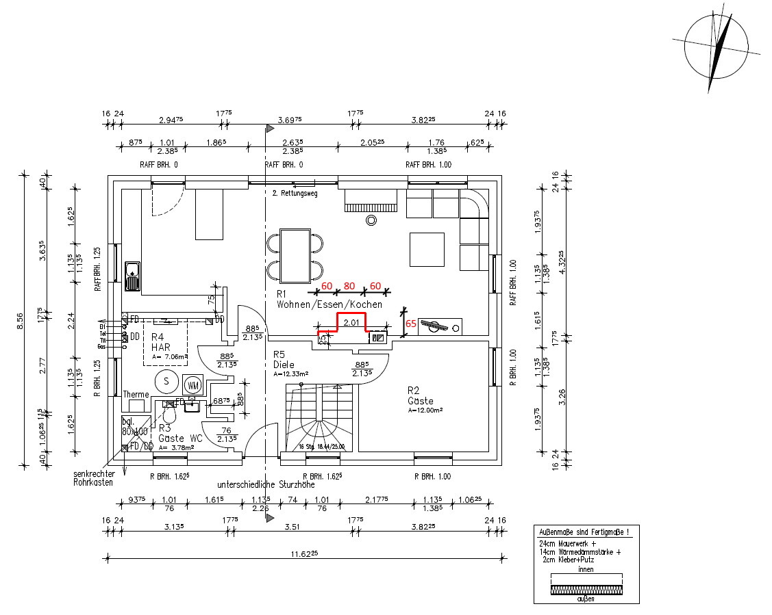 Grundriss eines Hauses: offener Wohn-/Essen/Kochenbereich, Diele und Gästezimmer.