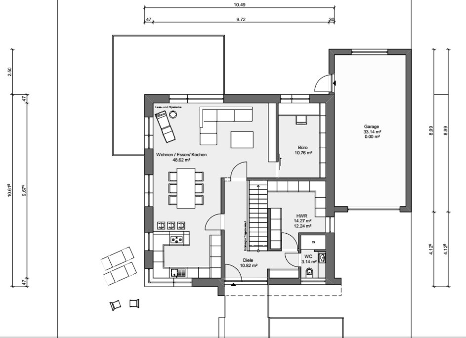 Grundriss: Erdgeschoss eines Hauses mit Wohnen/Essen/Kochen, Büro, Diele, HWR, WC und Garage.