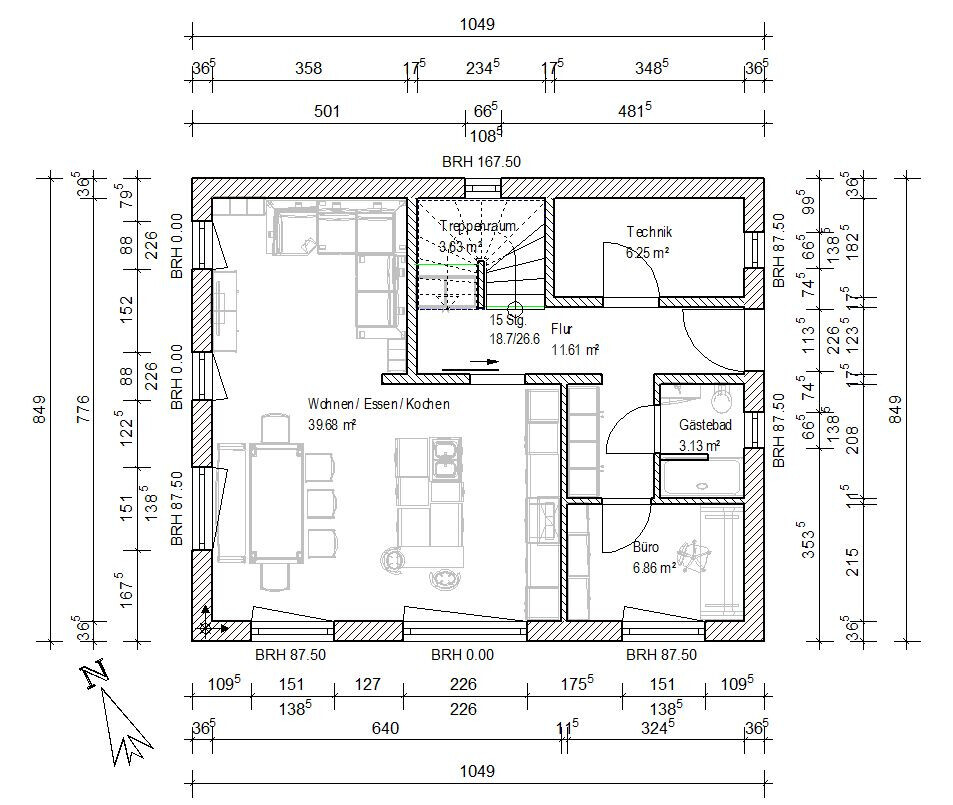 Grundriss eines Hauses mit offener Küche, Wohnzimmer, Flur, Büro und Technikraum.