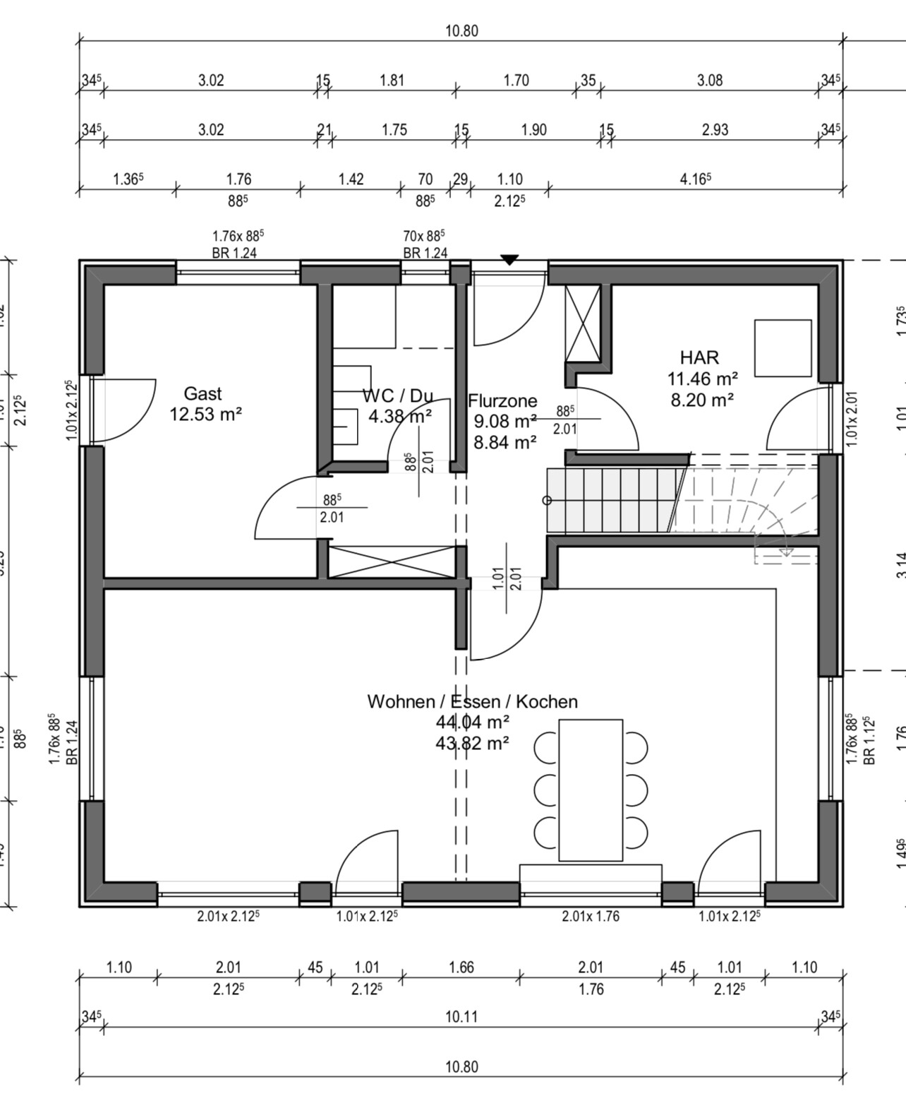 Grundriss eines Hauses: Offener Wohn-/Ess-/Kochbereich, Gästezimmer, HAR, Flur, WC/Du, Treppe.