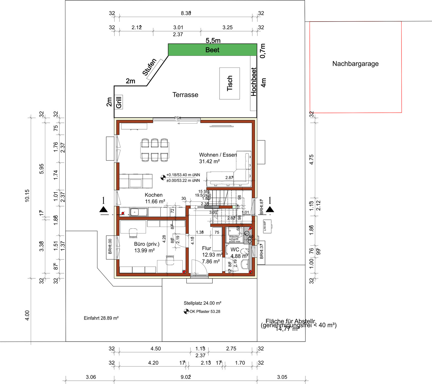Grundriss eines Hauses mit Wohnzimmer, Küche, Büro, Flur und Terrasse (Gartenbeet).