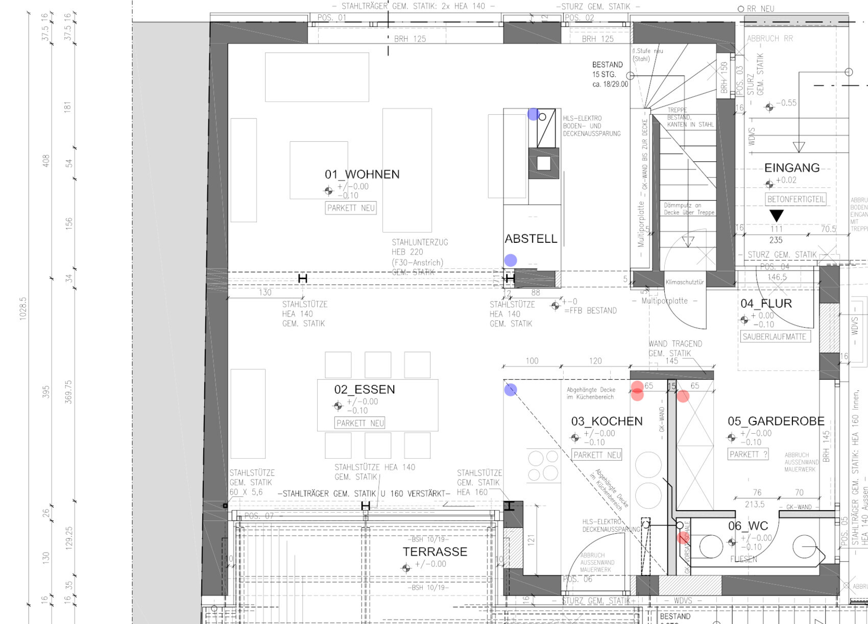 Grundrissplan eines Hauses mit Wohnbereich, Essen, Kochen und Terrasse