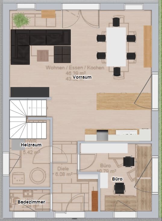 Grundriss einer Wohnung mit offenem Wohn-/Ess-/Kochbereich, Vorraum, Diele, Büro, Bad.