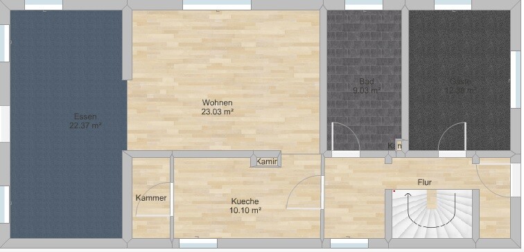 Zweidimensionaler Grundriss eines Hauses mit Wohnbereich, Essbereich, Küche, Bad und Flur.
