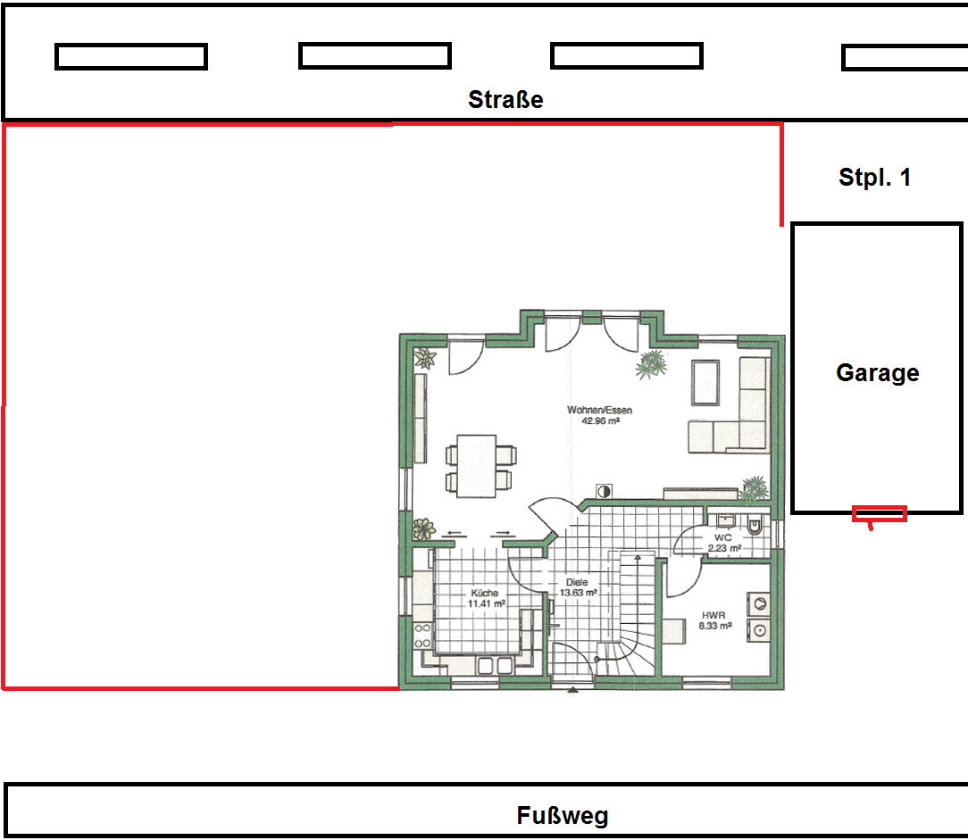 Grundriss eines Hauses: Wohnen/Essen, Küche, Diele, WC, HWR; Garage rechts; Straße oben.