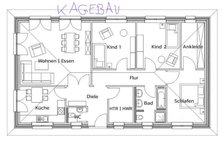 Grundriss: Wohn/Essbereich, Küche, Diele, Flur, WC, Bad, Schlafen, 2 Kinderzimmer, Ankleide, HWR.