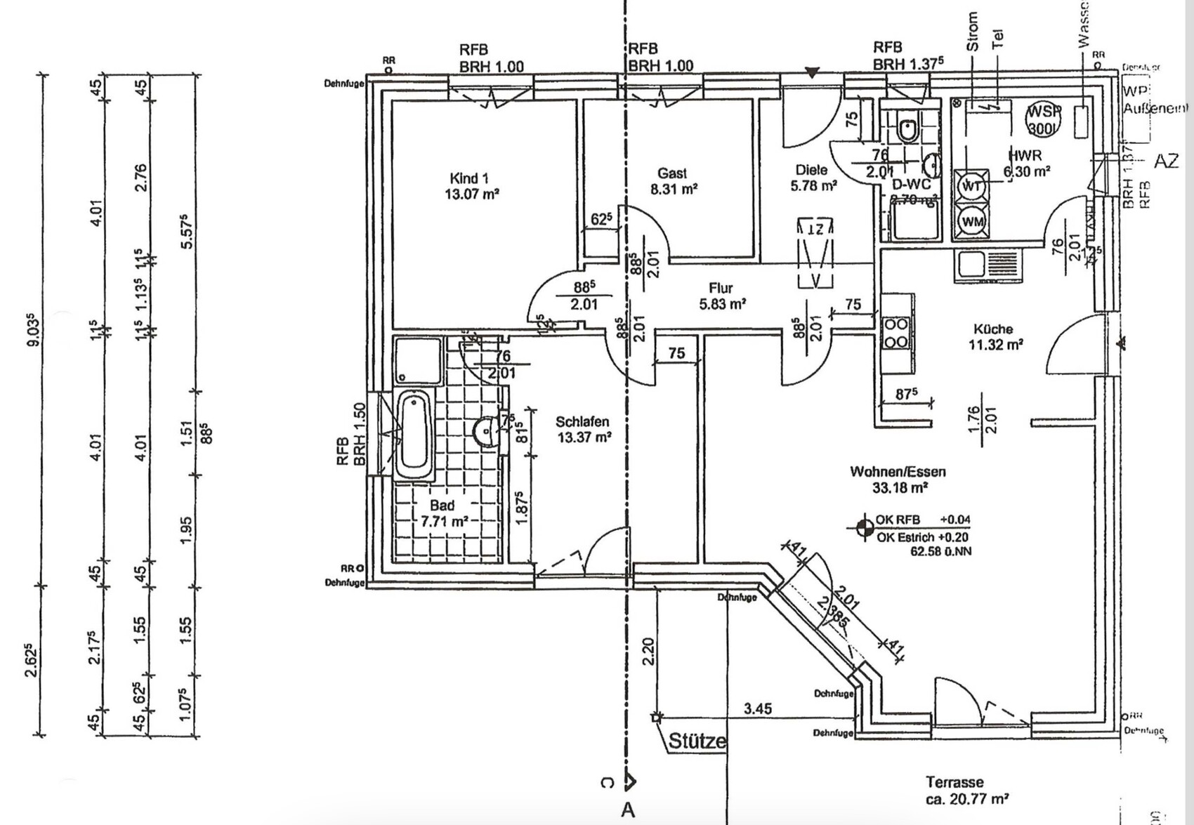 Vermaßter Grundriss einer 4-Zimmer-Wohnung: Küche, Wohnen, Schlafen, Bad, Gäste- und Kinderzimmer.