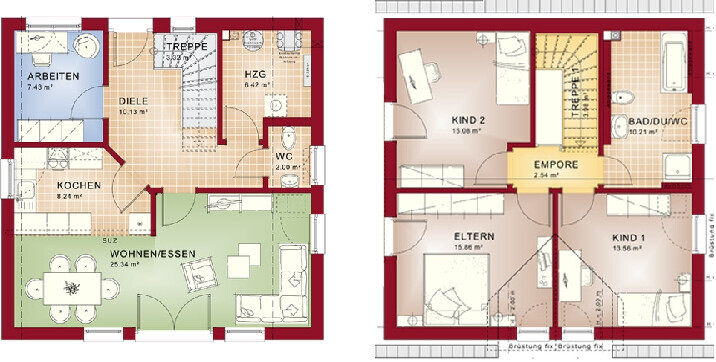 Zwei-geschossiger Grundrissplan mit Wohn- und Essbereich, Küche, Bad und Schlafzimmern.
