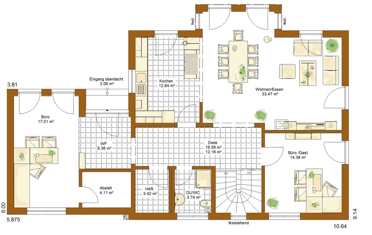 Grundriss eines Wohnhauses: Küche, offener Wohn-/Essbereich, Büro, Diele, Gästezimmer.