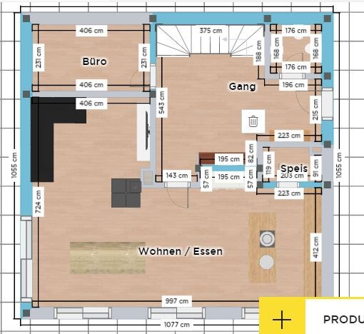 Grundriss eines Hauses mit Büro, Gang, Speis und Wohn-/Essbereich, inklusive Maßen.