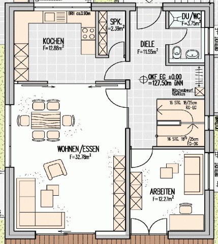 Grundriss eines Hauses mit Küche, Wohn- und Essbereich, Diele und Arbeitszimmer