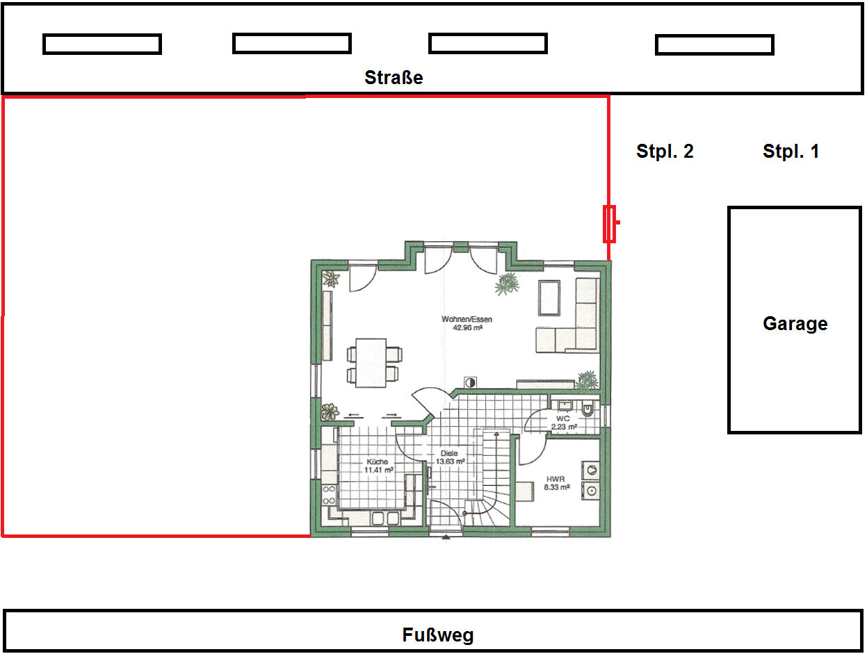 Grundriss eines Hauses: Küche, Wohnen/Essen, Diele, HWR, WC; Garage rechts; Straße oben.