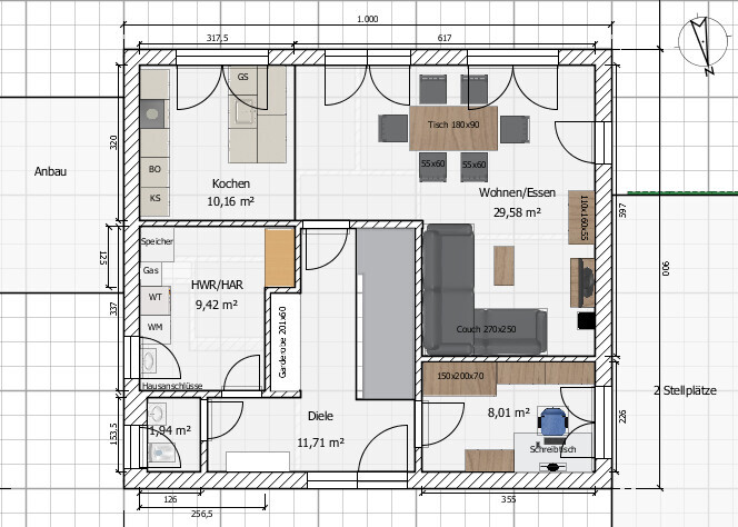 Grundriss eines Hauses: Küche, Wohn-/Essbereich, Diele, HWR, Büro, Bad, Abstellräume.
