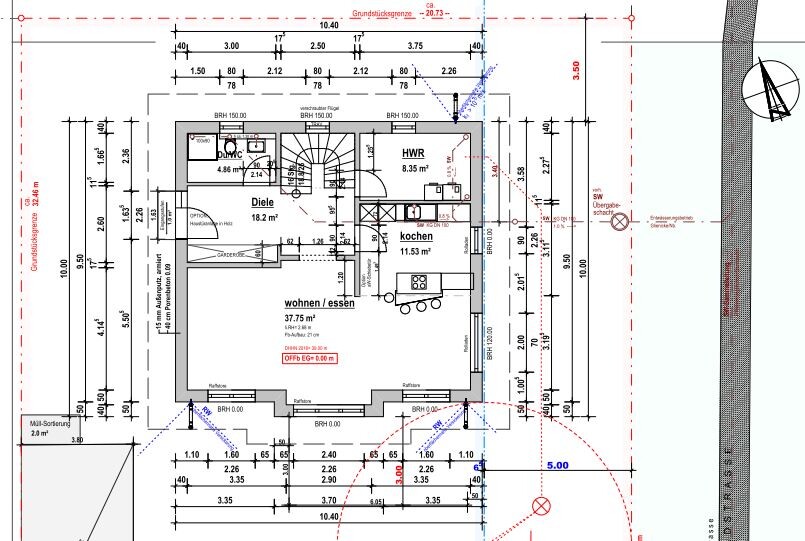 Grundriss eines Hauses: Wohnzimmer/Essen, Küche, Diele, HWR, Treppenhaus, Maßangaben.