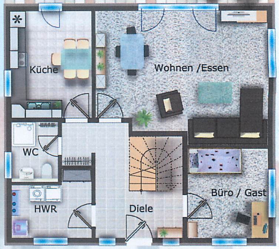 Grundriss einer Wohnung: Küche, Wohn-/Esszimmer, Büro/Gast, Diele, WC, HWR, Treppenhaus.