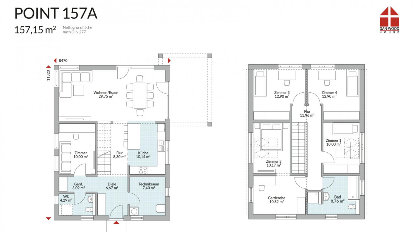Zweigeschossiger Grundriss: Erdgeschoss mit Wohnen/Essen, Küche; Obergeschoss mit Zimmern 1–4, Bad.