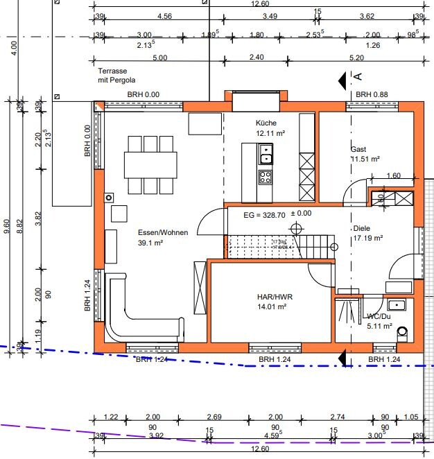 Grundriss des Erdgeschosses: Küche, Essen/Wohnen, Diele, Gast, HAR/HWR, WC/DU, Terrasse.