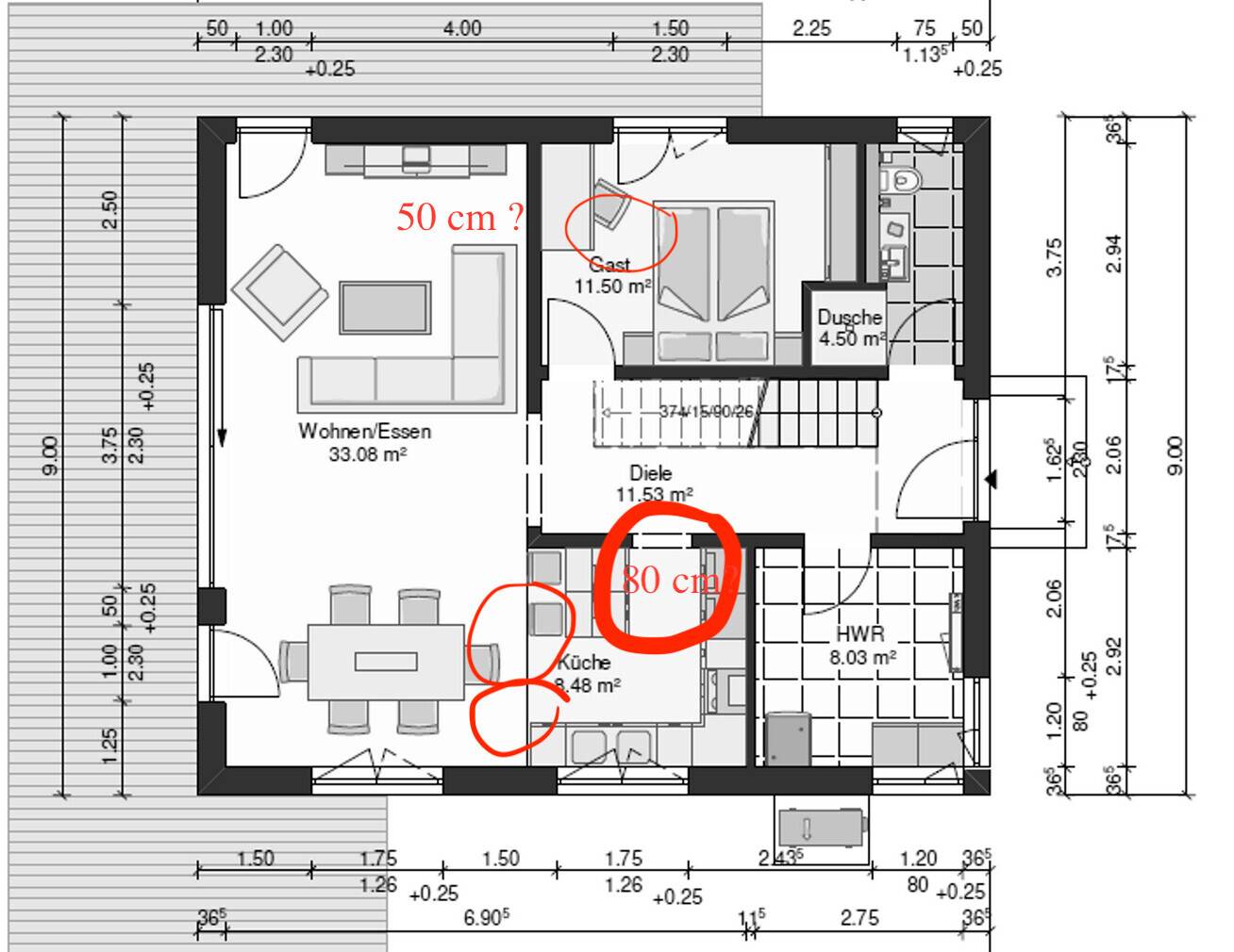 Grundriss eines Hauses: Wohnzimmer, Küche, Diele, HWR, Dusche, Maße.