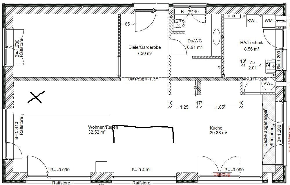 Grundriss eines Apartments mit Wohnen/Essen, Küche, Diele/Garderobe, Du/WC, Technik; linke X
