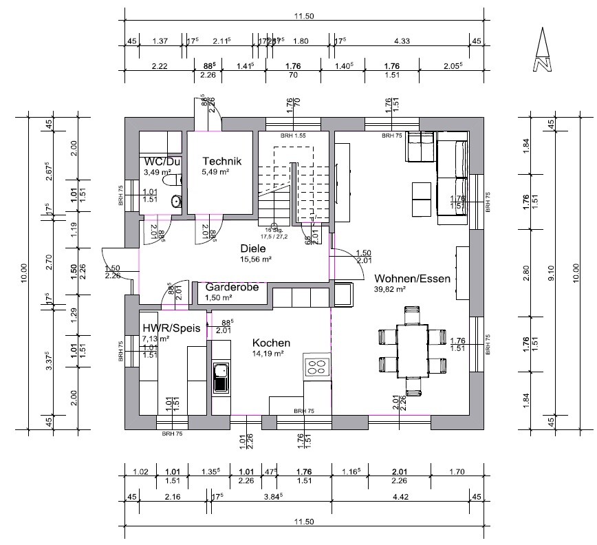 Grundriss eines Wohnhauses mit Diele, Wohnen/Essen, Küche, Garderobe, Technik, WC/Du, HWR/Speis.