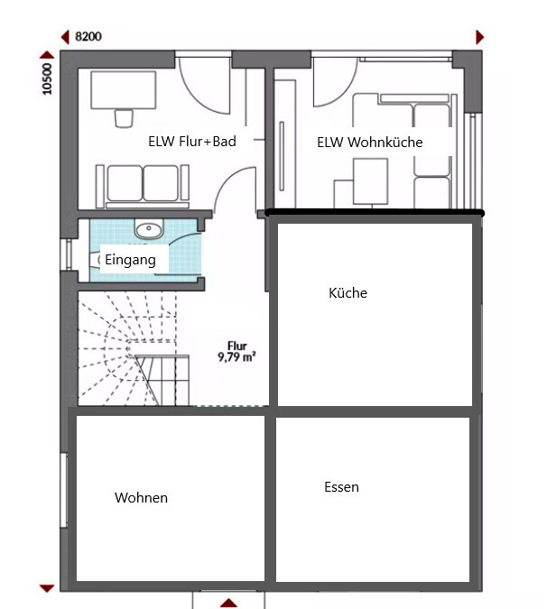 Grundriss eines Hauses mit Eingang, Flur, Küche, Wohnen und Essen; ELW mit Flur+Bad und Wohnküche.