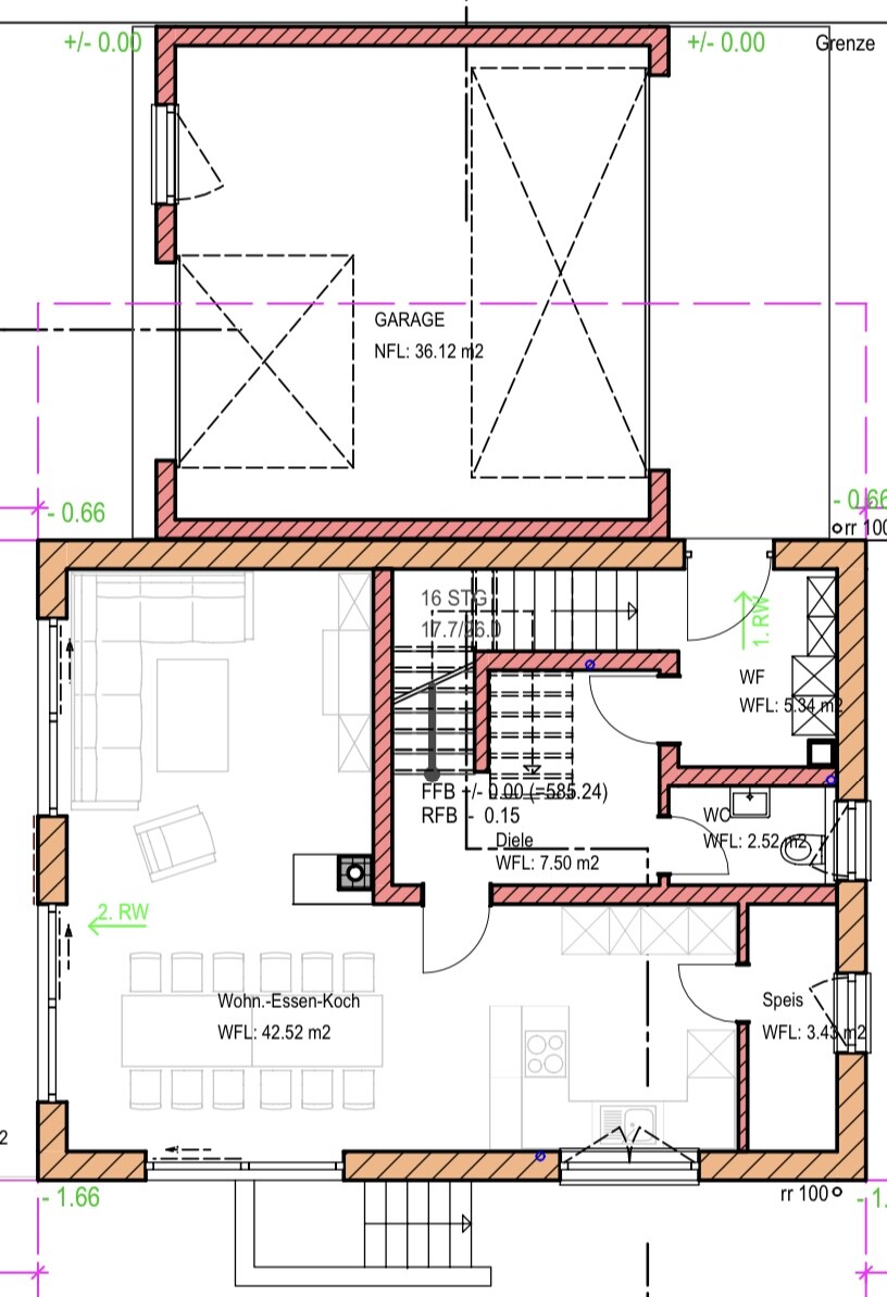 Grundrissplan eines Hauses: Garage oben, offener Wohn-Essen-Kochbereich unten links mit Esstisch
