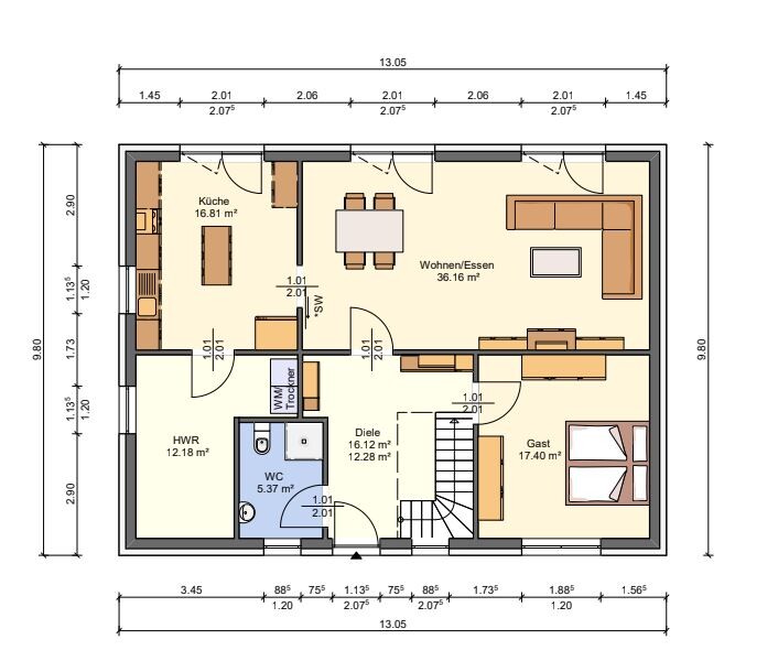 Grundriss eines Hauses mit Küche, Wohn-/Essbereich, Gästezimmer, Diele, HWR und WC samt Treppe.