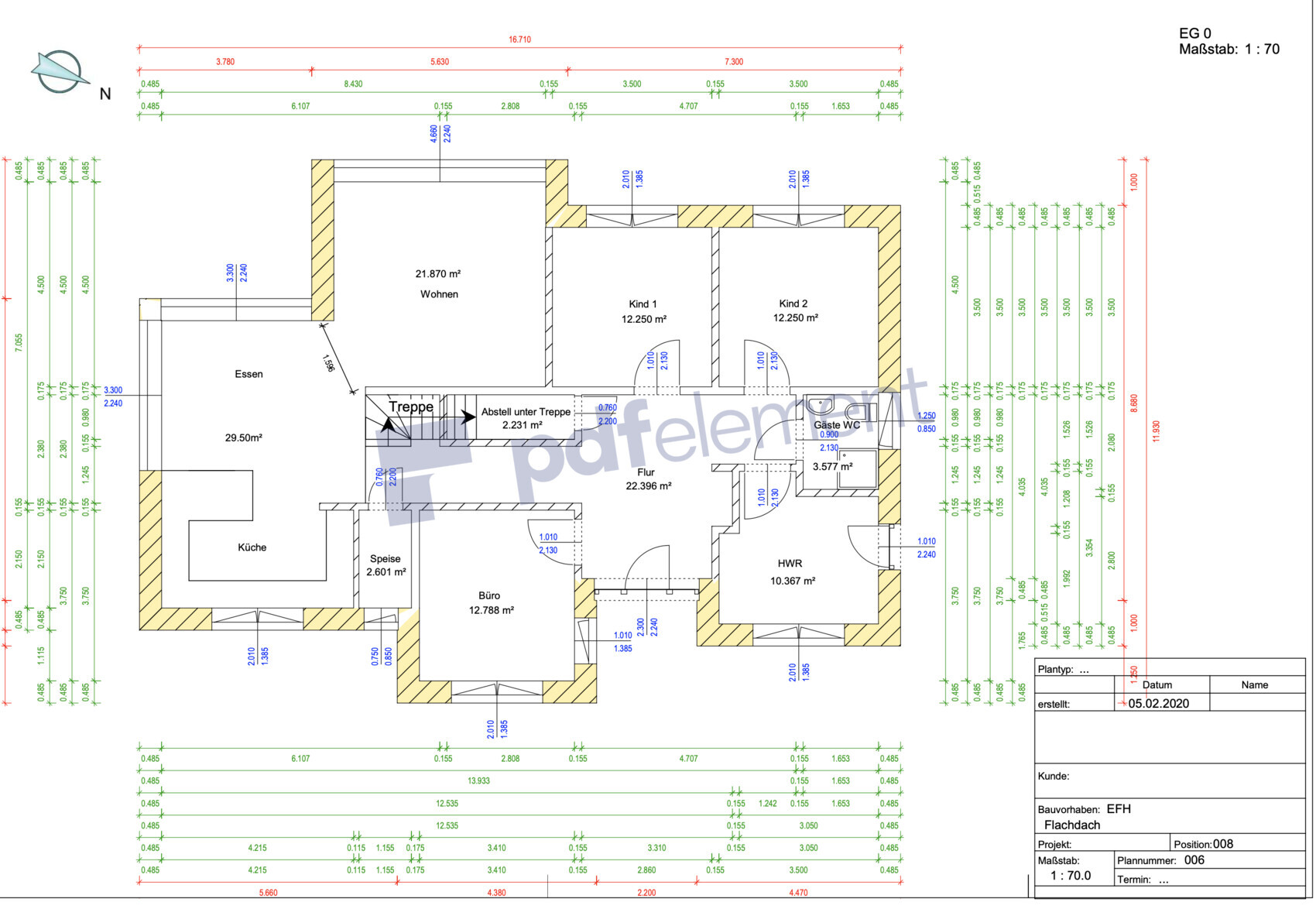 Grundrissplan eines Hauses mit Wohnbereich, Essbereich, Küche, Flur und Schlafzimmern