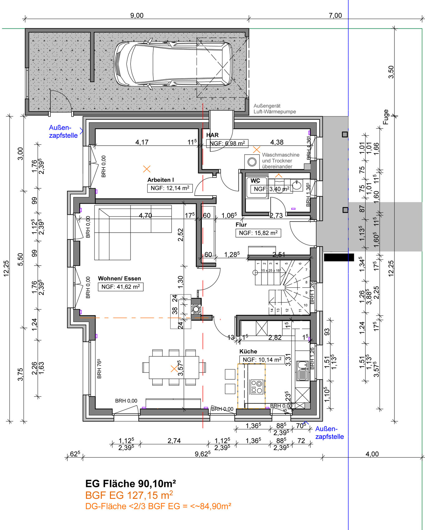 Grundriss EG: Wohn-/Essbereich, Küche, Flur, Arbeitszimmer, Garage und Waschküche.