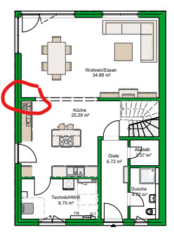 2D-Grundriss eines Hauses mit Wohn- und Essbereich, offener Küche