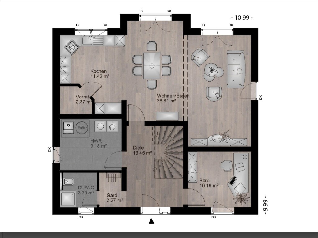 Grundriss eines Hauses: Küche, Wohnen/Essen, Büro, Diele, HWR, Garderobe, Dusche/WC.
