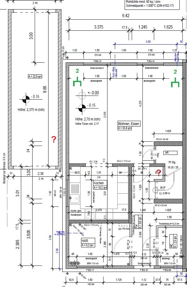 Grundriss eines Hauses: Wohnzimmer, Essen, Kochen, HAR, AR, Flur, Türen, Maßangaben.