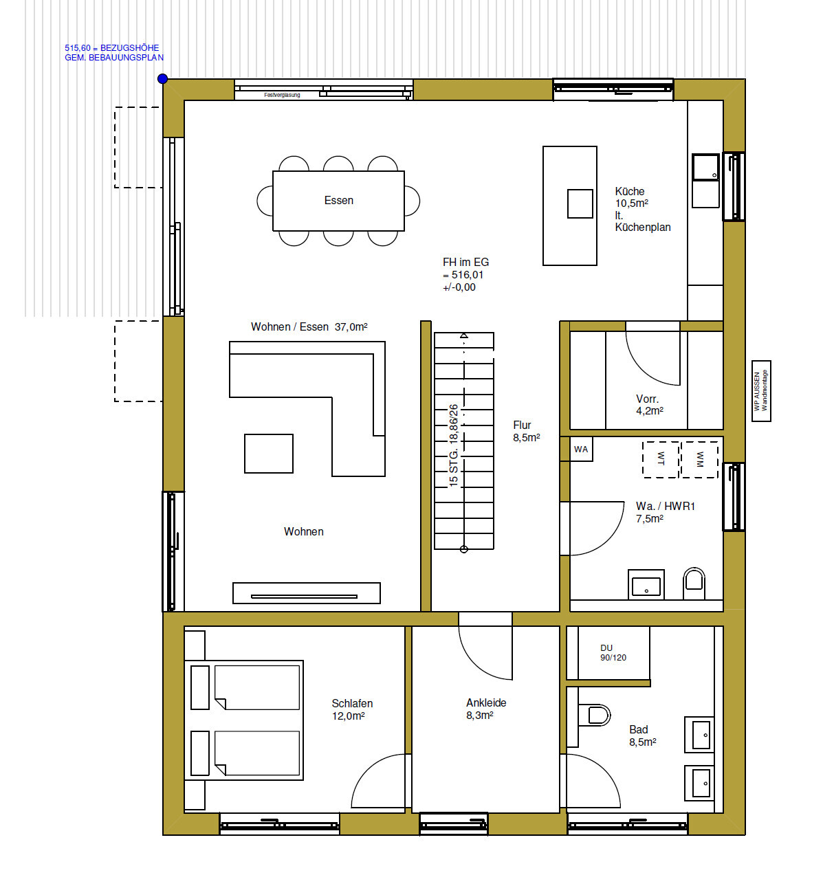 Zweidimensionaler Grundriss eines Hauses mit Wohnzimmer, Küche, Essbereich und Schlafzimmer