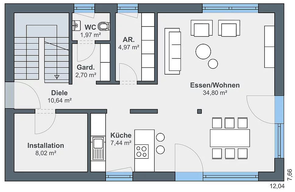 2D-Grundriss eines Hauses mit Küche, Essbereich und Wohnbereich