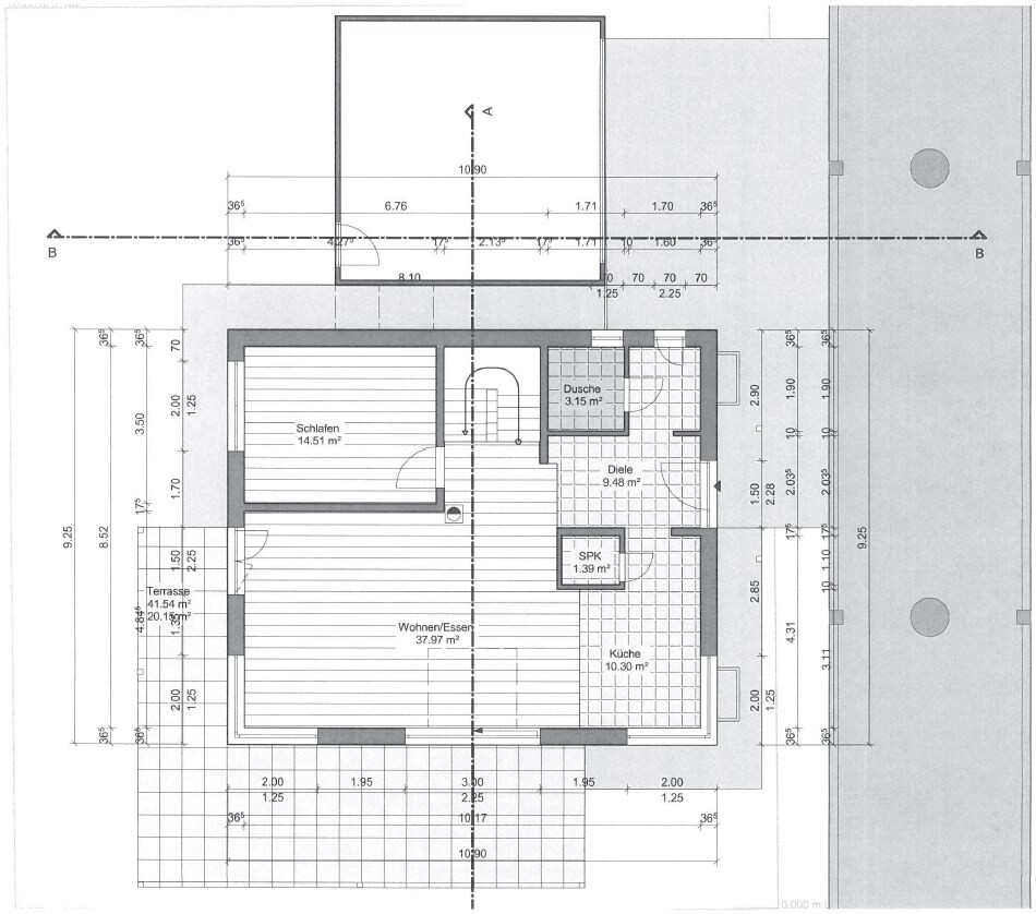 Grundriss eines EFH: Wohnen/Essen, Küche, Schlafen, Diele, Dusche.