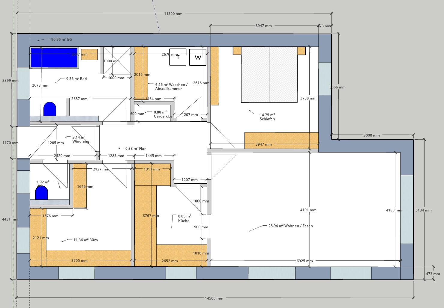 Grundriss eines Hauses mit Zimmern, Maßen und Möbeln im Detail.