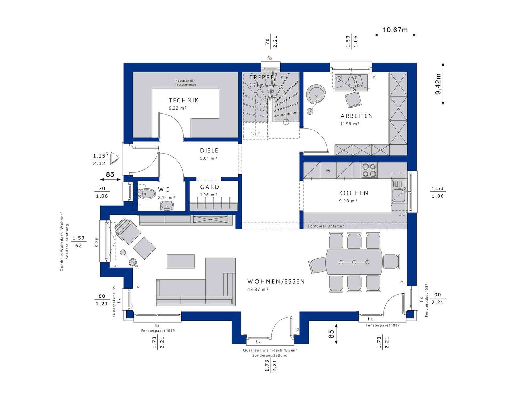 Grundriss einer Wohnung mit Technik, Diele, WC, Gard., Arbeiten, Kochen und Wohnen/Essen.