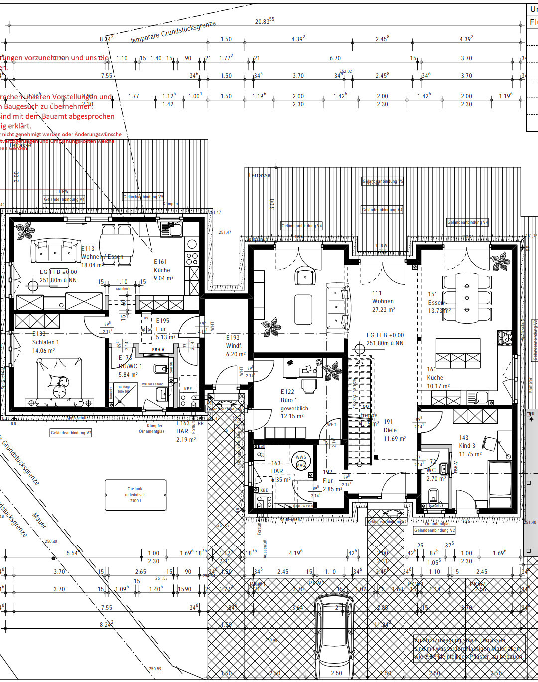 Grundriss eines Wohnhauses mit Wohnzimmer, Küche, Schlafzimmer, Bad, Terrasse und Garage.