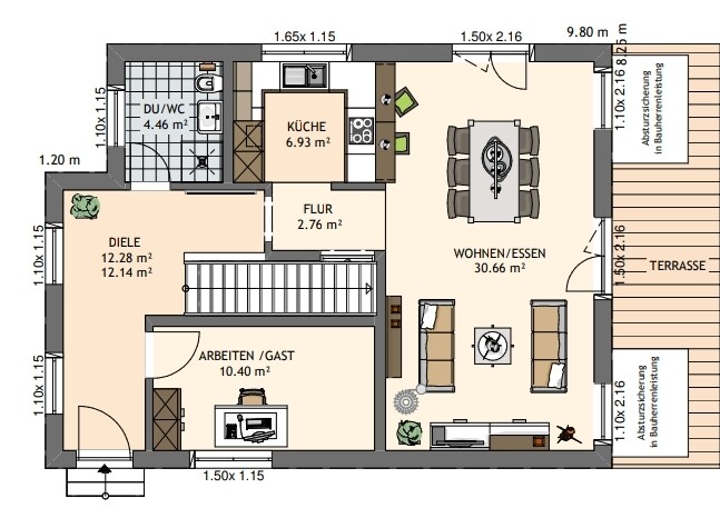 Grundriss eines Hauses: Diele, Küche, Flur, ARBEITEN/GAST, WOHNEN/ESSEN mit Terrasse, DU/WC.