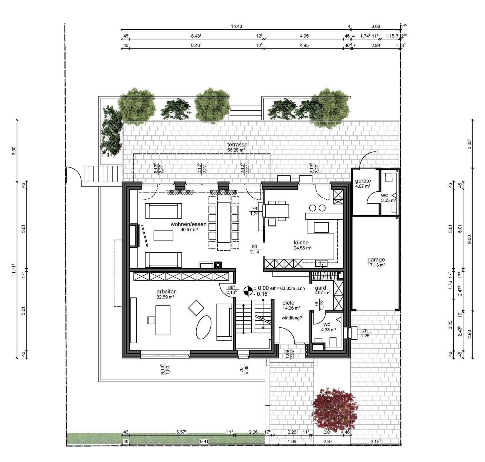 Grundriss eines Hauses: Offener Wohn-/Essbereich, Küche, Arbeitszimmer, Diele, Terrasse und Garage.