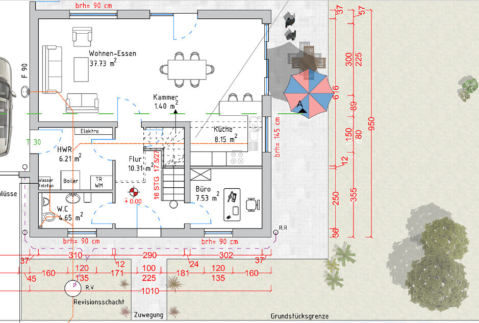 Architekten-Grundriss eines Einfamilienhauses mit Wohn- und Essbereich, Küche und Terrasse