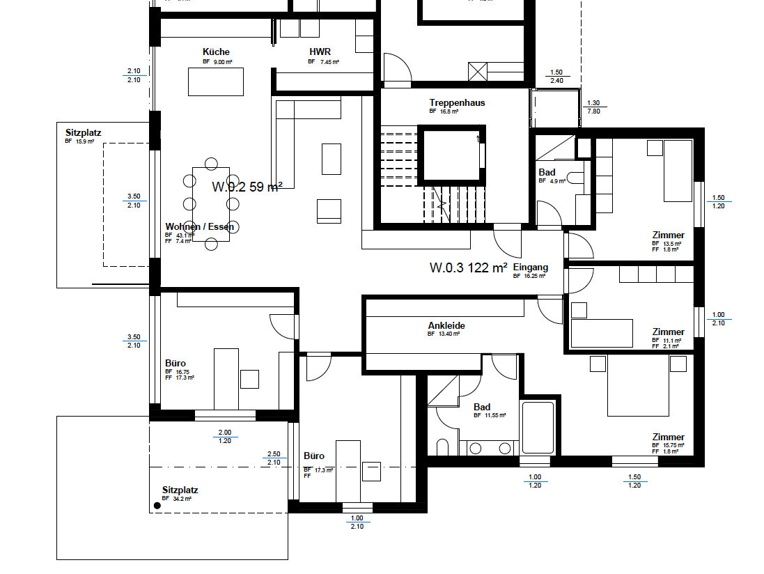 2D-Grundriss eines Hauses mit Küche, Wohnen, Treppenhaus, Eingang und Bad.