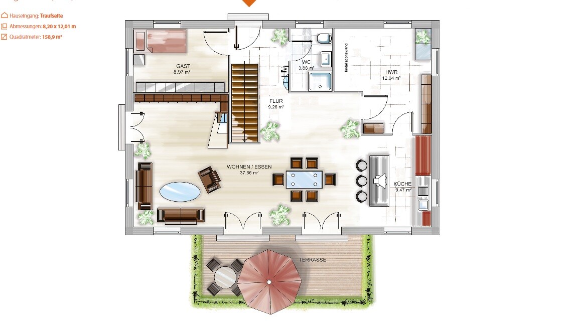 Grundriss Erdgeschoss: Wohnzimmer, Essbereich, Küche, Gästezimmer, Flur, WC, HWR und Terrasse.