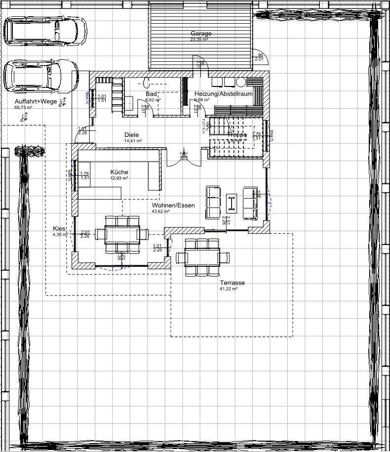 Grundriss eines Hauses: Wohn- und Essbereich, Küche, Bad, Terrasse, Garage, Flur.
