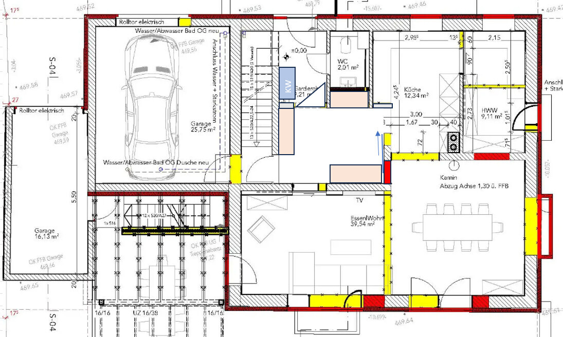 Detaillierter Grundriss eines Hauses mit Garage, Wohn- und Essbereich, Küche und Sanitäranlagen