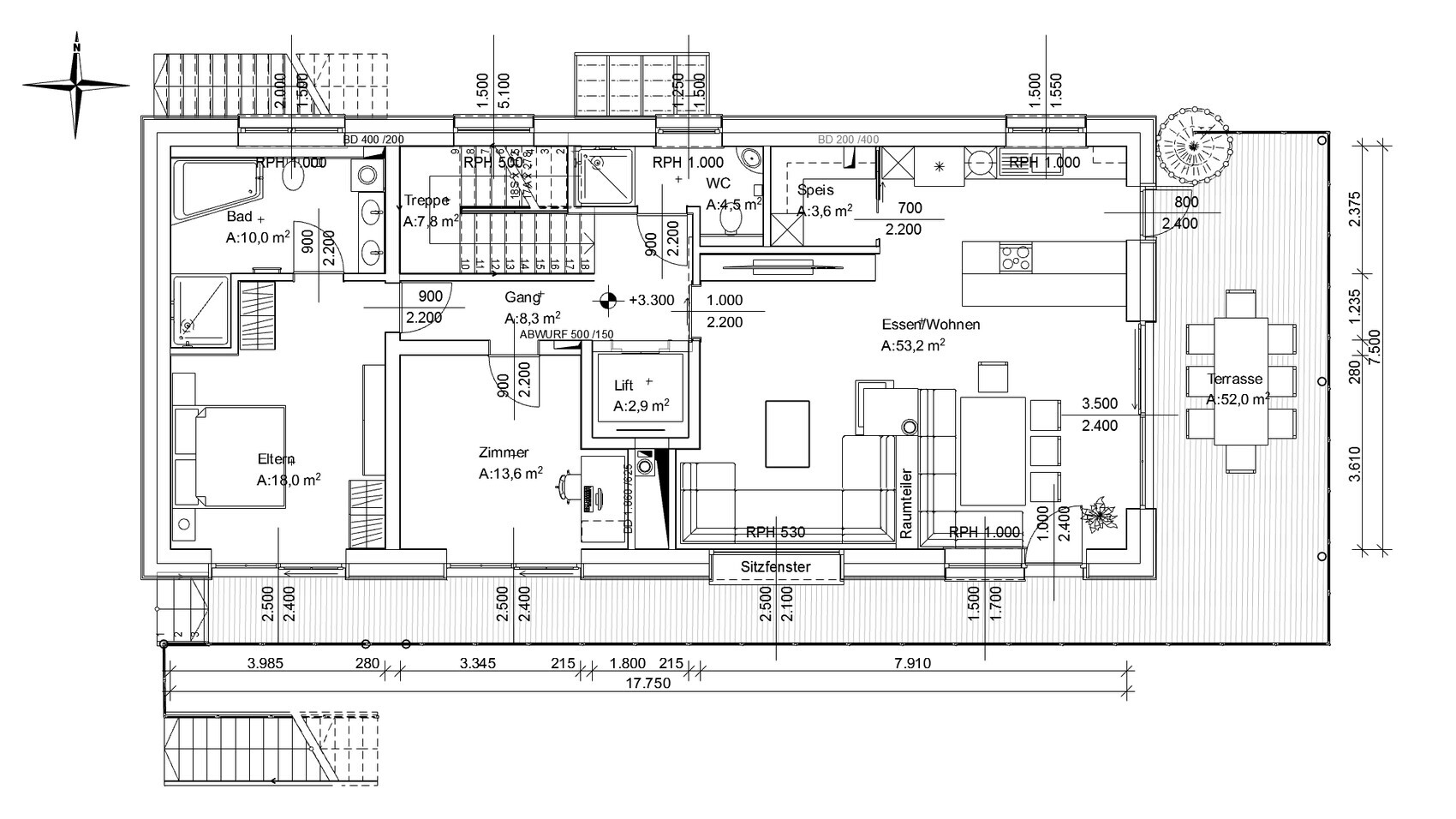 Grundriss eines Hauses mit Wohnzimmer, Küche, Bad, Schlafzimmer, Terrasse und Lift.