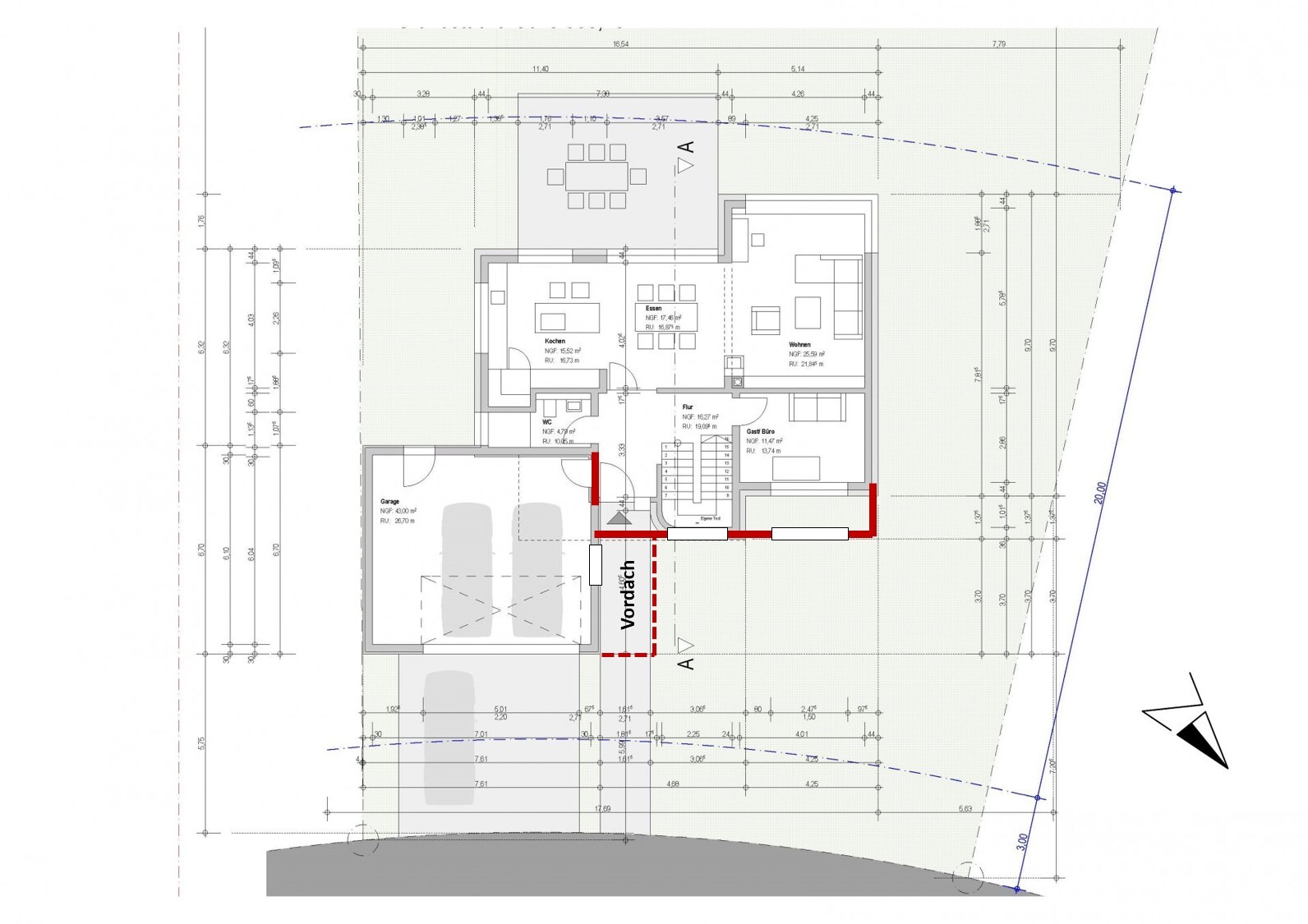 Grundriss eines Einfamilienhauses mit Garage, Vordach, Küche, Essen und Wohnen.