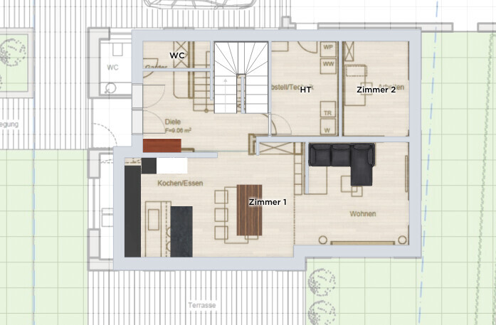 Grundriss: Küche/Essen, Diele, Wohnen mit Sofa, Zimmer 1, Zimmer 2, WC, Terrasse.